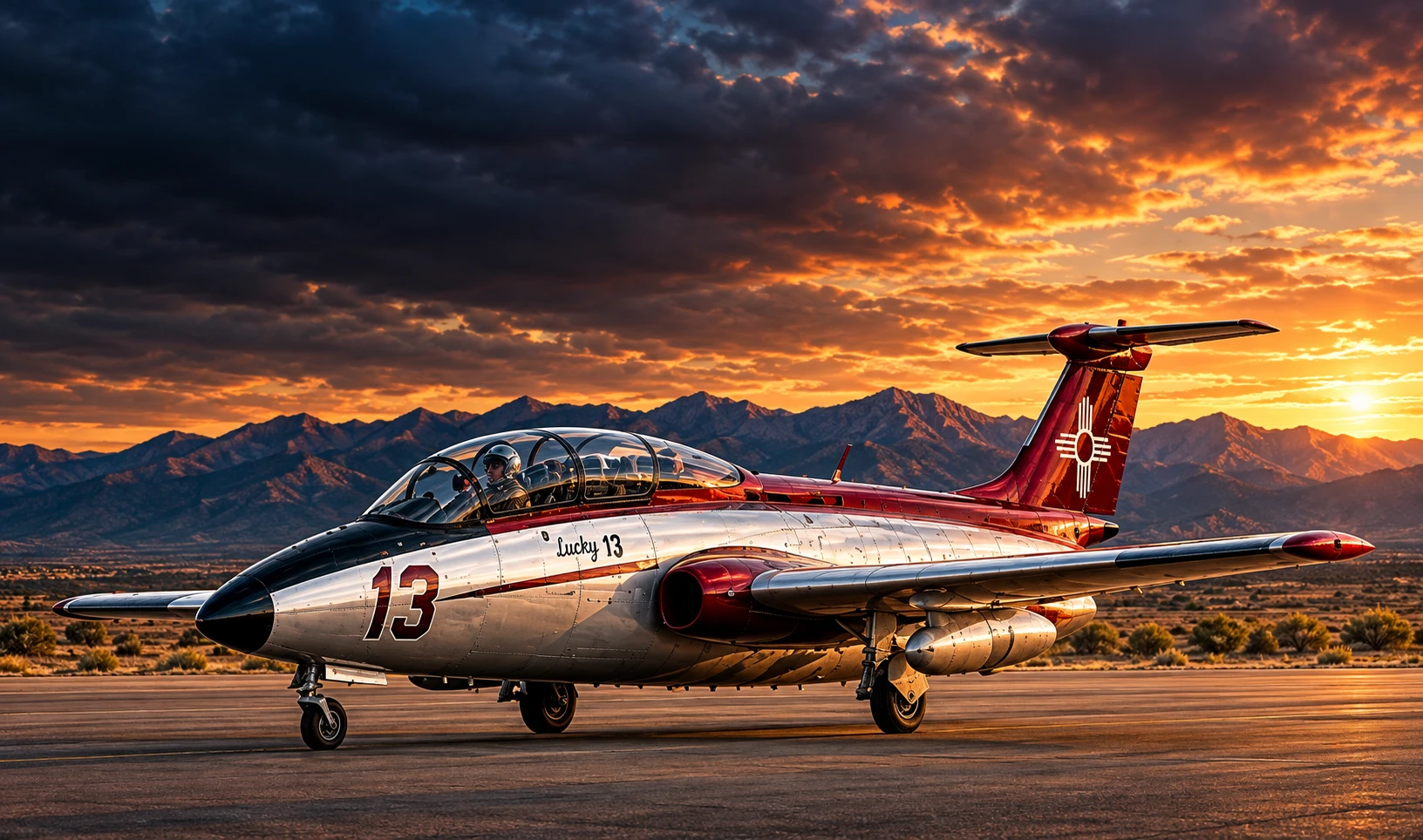 Cinematic illustration of Lucky 13, a silver and burgundy L-29, on a New Mexico runway at sunset.